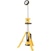 Yellow DeWalt LED tripod light with adjustable height and three sturdy legs, featuring a circular lamp head.