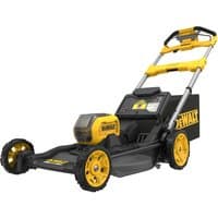 Yellow and black DeWalt 54V rear-wheel drive mower with robust frame and ergonomic handle.