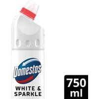 Domestos Thick Bleach White & Sparkle 750 ml bottle with red cap and blue logo on white background.