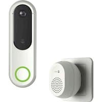 Doro Hemma White video doorbell with black camera panel, green ring button, and matching white speaker unit.