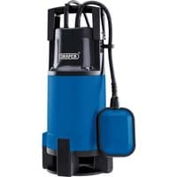 Blue and black Draper submersible dirty water pump with float switch, 750W, 216L/min capacity.