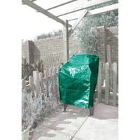 Green Draper chair stack cover, waterproof material, fits over stacked chairs, outdoor setting.