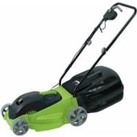 Green and black Draper Storm Force 380mm electric lawn mower with four wheels and ergonomic handle.