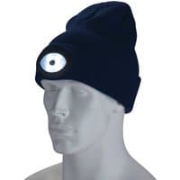 Navy blue Draper beanie hat with built-in rechargeable torch, 1W, 100 lumens, one size fits all.