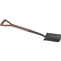 Draper carbon steel border spade with dark ash handle and D-grip, black blade.