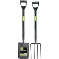 Black Draper garden fork and spade set with carbon steel heads and ergonomic D-grip handles.