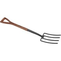Carbon steel garden fork with four tines and a smooth ash handle featuring a D-shaped grip.