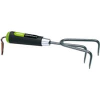 Draper hand cultivator with black handle, green accent, and three curved carbon steel tines.