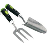 Black-handled carbon steel hand fork and trowel set with green accents and metal heads.