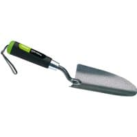 Draper Carbon Steel Heavy Duty Hand Trowel with black ergonomic handle and green accents, featuring a lanyard loop.