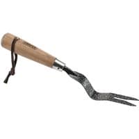 Draper hand weeder with carbon steel fork, 125mm, ash wood handle, and leather hanging strap.