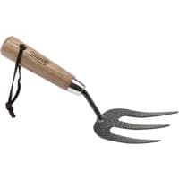 Draper weeding fork with carbon steel tines and ash handle, featuring a leather hanging strap.