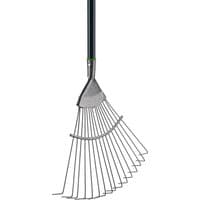 Carbon steel lawn rake with black handle and wide fan-shaped metal tines.