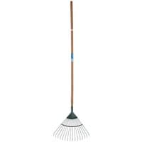 Carbon steel lawn rake with wide fan-shaped head and long ash wood handle.