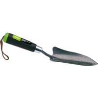 Draper Carbon Steel Transplanting Trowel with black ergonomic handle and green accent, leather strap attached.