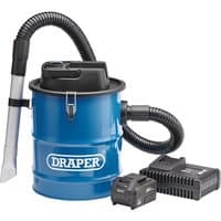 Blue Draper D20 20V ash vacuum cleaner with black hose, 3.0Ah battery, and fast charger.