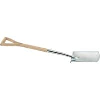 Stainless steel digging spade with polished blade and ash wood handle featuring a D-grip design.