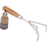 Stainless steel hand cultivator with three prongs and ash wood handle, featuring Draper Heritage branding.