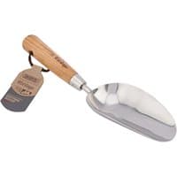 Stainless steel hand potting scoop with polished blade and smooth ash wood handle, featuring a branded tag.