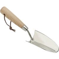 Stainless steel hand trowel with polished blade and smooth ash wood handle, featuring a leather hanging loop.