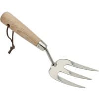 Stainless steel hand weeding fork with three tines and ash wood handle, featuring a leather hanging loop.