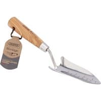 Stainless steel transplanting trowel with engraved ash handle and measurement markings on blade.