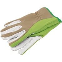 Tan and green Draper Expert gardening gloves with white fingertips and elastic cuffs, size medium.