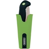 Draper folding pruning saw with black handle in green holster, 180mm blade, compact design.