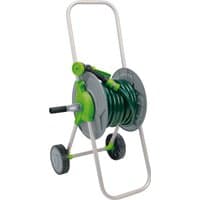 Draper Garden Hose Trolley Kit, 15m, with green hose, silver frame, two wheels, and a crank handle.
