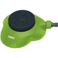 Green Draper multi-sprinkler with black rotating head featuring 8 spray patterns and a hose connector.