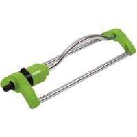 Green Draper oscillating sprinkler with 17 jets, featuring a curved metal tube and adjustable spray settings.
