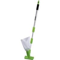 Green and silver Draper pond and pool vacuum with telescopic handle and white mesh collection bag.