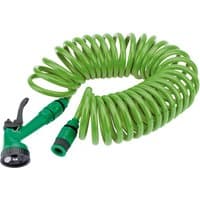 Green Draper recoil hose, 10m, with black spray gun and tap connector, coiled design.