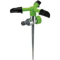 Green Draper revolving sprinkler with three black-tipped arms and metal spike base.