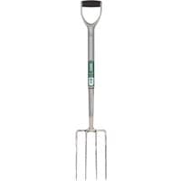 Stainless steel garden fork with four tines and a soft grip handle, featuring a green Draper logo on the shaft.