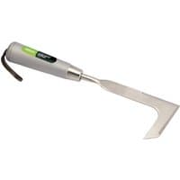 Draper stainless steel hand patio weeder with a sharp L-shaped blade and a gray ergonomic handle with wrist strap.