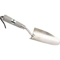 Stainless steel hand trowel with a smooth, curved blade and a gray ergonomic handle with a hanging loop.