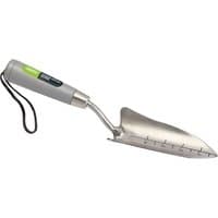 Stainless steel transplanting trowel with a gray ergonomic handle and depth markings on the blade.
