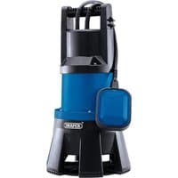 Blue and black Draper submersible dirty water pump with float switch, sturdy base, and top handle.