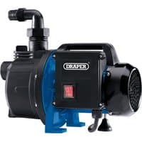 "Draper surface mounted water pump, black and blue, with power switch, 76L/min capacity, 1100W motor"