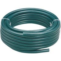Green Draper watering hose, 12mm bore, 15m length, coiled with textured surface.