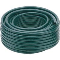 Green Draper watering hose, 12mm bore, 30m length, coiled neatly with textured surface.
