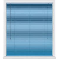 Blue Dream window blinds with horizontal slats and white pull cords, framed by a white window casing.
