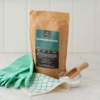 EcoLiving Bicarbonate of Soda 750g in brown paper bag with green label, surrounded by gloves, cloth, and wooden scoop.