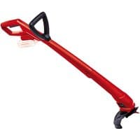 Red Einhell cordless lawn trimmer with black handle, adjustable shaft, and 18V battery slot.