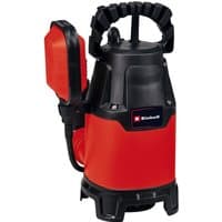 Red and black Einhell GC-DP 3325 dirty water pump with handle and float switch attachment.
