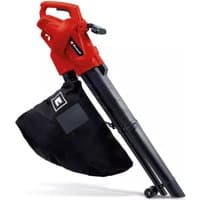 Red and black Einhell GC-EL3024 E leaf blower/vac with a long nozzle and attached black collection bag.