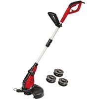 Red and black Einhell electric lawn trimmer with adjustable handle and three replacement spool heads.
