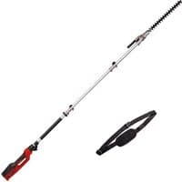 Red and black Einhell electric pole hedge trimmer with long silver telescopic handle and adjustable shoulder strap.