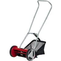 Red and silver Einhell GC-HM 300 hand lawnmower with 30cm cutting width and black grass catcher.